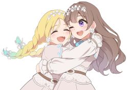 Rule 34 | 2girls, ;d, ^ ^, blonde hair, blue hair, blush, braid, brown hair, closed eyes, commentary request, dress, earrings, fang, fujishima megumi, gradient hair, grey dress, hairband, highres, hisaka, hug, jewelry, light blue hair, link! like! love live!, long hair, long sleeves, looking at another, love live!, low twin braids, milk (love live!), mira-cra park!, multicolored hair, multiple girls, mutual hug, one eye closed, open mouth, osawa rurino, parted bangs, puffy long sleeves, puffy sleeves, purple eyes, simple background, smile, teeth, twin braids, upper body, upper teeth only, virtual youtuber, white background, white hairband