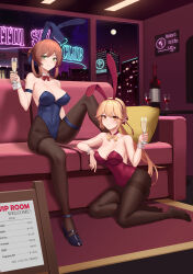 2girls absurdres alternate_costume animal_ears armband bare_shoulders black_pantyhose blonde_hair blue_leotard blush bottle breasts brown_hair building champagne_flute chinese_commentary collarbone commentary_request commission couch covered_erect_nipples cross_pasties cup cyberpunk_(series) detached_collar drinking_glass english_text fake_animal_ears feet girls&#039;_frontline green_eyes hair_ribbon hair_rings high_heels highres holding holding_cup indoors large_breasts legs leotard long_hair looking_at_viewer moon multiple_girls navel neck_ribbon neon_sign night night_sky no_shoes on_couch on_ground ots-14_(girls&#039;_frontline) pantyhose parted_lips pasties pillow playboy_bunny ponytail rabbit_ears red_leotard ribbon rug second-party_source sidelocks sign sitting sky smile springfield_(girls&#039;_frontline) super_hellrat symbol_in_eye thigh_strap toes wine_bottle wine_glass yellow_eyes