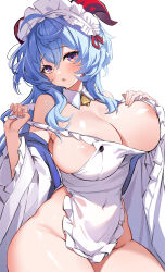 Rule 34 | 1girl, ahoge, apron, areola slip, bare shoulders, bell, blue hair, blush, breasts, detached collar, detached sleeves, frills, ganyu (genshin impact), genshin impact, goat horns, highres, horns, huge breasts, long hair, looking at viewer, maid, maid apron, maid headdress, neck bell, parted lips, purple eyes, sidelocks, solo, tunoko98