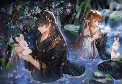 Rule 34 | 1boy, 1girl, black hair, brown horns, rabbit, day, dress, gold trim, horns, iji (u mayday), long hair, love and producer, moss, outdoors, petals, ribbon, rock, tail, wading, water, waterfall, white dress, white ribbon, wide sleeves, zen (love and producer)