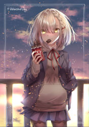 Rule 34 | 1girl, asymmetrical bangs, bad id, bad pixiv id, black pantyhose, blazer, blue jacket, blue skirt, border, braid, breasts, brown hoodie, candy, chocolate, chocolate bar, cloud, cloudy sky, collared shirt, commentary request, cowboy shot, earrings, food, food in mouth, hand in pocket, hashtag, highres, holding, holding chocolate, holding food, hood, hood down, hoodie, jacket, jewelry, light particles, long sleeves, looking at viewer, mole, mole under eye, neck ribbon, open clothes, open jacket, original, pantyhose, platinum blonde hair, pleated skirt, railing, red ribbon, ribbon, shirt, short hair, side braid, sidelocks, skirt, sky, small breasts, smile, solo, standing, sunlight, sunset, valentine, white border, yellow eyes, yuihira asu