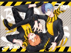 Rule 34 | 2boys, aoyagi touya, belt, cosplay, earrings, jacket, jewelry, looking at viewer, male focus, miki (986197), multicolored hair, multiple boys, orange hair, patterned background, project sekai, scarf, shinonome akito, shirt, sitting, smile, striped clothes, striped scarf, traffic jam (vocaloid), upside-down, vocaloid, welter (a ka shi), welter (a ka shi) (cosplay), yellow shirt