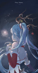 Rule 34 | 1girl, animal costume, antlers, aqua hair, artist name, backless dress, backless outfit, bare shoulders, chinese commentary, christmas ornaments, collar, commentary request, dated, deer tail, detached sleeves, dress, from behind, fur-trimmed sleeves, fur trim, hair ornament, hand up, hatsune miku, highres, horns, long hair, merry christmas, night, night sky, puda (497038708), red collar, reindeer antlers, reindeer costume, shoulder tattoo, sky, solo, star (symbol), star ornament, tail, tattoo, twintails, upper body, very long hair, vocaloid, white dress