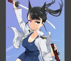 Rule 34 | 1girl, animal ears, aohashi ame, black hair, blue one-piece swimsuit, blush, breasts, cleavage, closed mouth, collarbone, dog ears, grey eyes, katana, large breasts, long hair, looking at viewer, military, military uniform, one-piece swimsuit, ponytail, sakamoto mio, shiny skin, sky, solo, strike witches, swimsuit, sword, uniform, weapon, world witches series