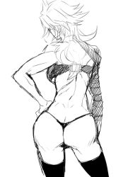 Rule 34 | 1girl, alpha-01, arc system works, ass, bandeau, black thighhighs, blazblue, breasts, butt crack, from behind, gender request, genderswap, greyscale, hand on own hip, kaneaki mukku, large breasts, long hair, monochrome, ragna the bloodedge, single sleeve, sketch, thighhighs, thong, underboob
