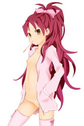 Rule 34 | 10s, 1girl, bar censor, bottomless, bow, brown eyes, censored, flat chest, food, hair bow, hands in pockets, highres, long hair, mahou shoujo madoka magica, mahou shoujo madoka magica (anime), mot, mouth hold, navel, nipples, open clothes, pocky, ponytail, pussy, red hair, sakura kyoko, solo, thighhighs, very long hair