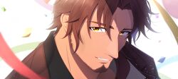 Rule 34 | 1boy, beard, belmond banderas, brown eyes, brown hair, brown jacket, choco (chocovix112), confetti, eyebrows hidden by hair, facial hair, highres, jacket, looking at viewer, male focus, nijisanji, parted bangs, parted lips, portrait, simple background, smile, solo, thick eyebrows, virtual youtuber, white background