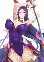 Rule 34 | 1girl, animal ears, armpits, arms behind head, arms up, bare shoulders, blush, breasts, cleavage, covered navel, detached collar, fake animal ears, fate/grand order, fate (series), fishnet legwear, fishnets, highleg, highleg leotard, katana, large breasts, leotard, long hair, looking at viewer, minamoto no raikou (fate), parted bangs, parted lips, purple eyes, purple hair, purple leotard, rabbit ears, solo, sword, thighs, very long hair, weapon, wrist cuffs, zucchini