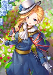 Rule 34 | 1girl, :d, ascot, asymmetrical hair, azur lane, blonde hair, blue eyes, blurry, capelet, commentary request, depth of field, earrings, flower, from below, gloves, hood (azur lane), jewelry, long hair, looking at viewer, looking up, open mouth, pensuke, rose, smile, solo, union jack, white gloves, white rose
