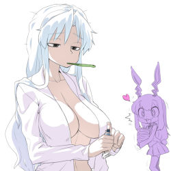 Rule 34 | 2girls, animal ears, breasts, buck teeth, cleavage, grey eyes, heart, heart-shaped pupils, large breasts, long hair, messy hair, mouth hold, multiple girls, no bra, open clothes, open shirt, rabbit ears, rabbit girl, rabbit tail, reisen udongein inaba, shirt, solo focus, spacezin, symbol-shaped pupils, tail, teeth, toothbrush, toothpaste, touhou, waking up, white hair, yagokoro eirin