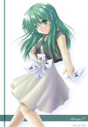 Rule 34 | 00s, 1girl, air (visual novel), armpits, bare shoulders, card, cowboy shot, green eyes, green hair, holding, holding card, looking at viewer, matching hair/eyes, outstretched arm, satou takeshi, simple background, skirt, solo, standing, toono minagi, white background, white skirt