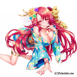 Rule 34 | 1girl, :q, all fours, bad id, bad tumblr id, blush, bracelet, breasts, cleavage, female focus, flower, hair flower, hair ornament, hizuki akira, japanese clothes, jewelry, kimono, large breasts, long hair, looking at viewer, nail polish, obi, pink eyes, pink hair, sash, short kimono, simple background, smile, solo, tongue, tongue out, white background