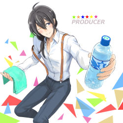 Rule 34 | 10s, 1boy, ;), blush, bottle, brown hair, character name, dress shirt, highres, holding, idolmaster, idolmaster side-m, long sleeves, maji (eau-fumeuse0207), male focus, off shoulder, one eye closed, outstretched arm, ponytail, producer (idolmaster), producer (idolmaster side-m anime), shirt, smile, solo, star (symbol), suspenders, towel, water, water bottle, white shirt