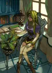 Rule 34 | blonde hair, blue eyes, boots, chair, curtains, earrings, elbow gloves, gloves, headband, indoors, jewelry, knees together feet apart, lack, lamp, long hair, mystina (valkyrie profile), plant, pointy ears, quill, scroll, shelf, sitting, skirt, solo, table, thigh boots, thighhighs, valkyrie profile (series), window