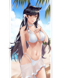 Rule 34 | 1girl, animal ears, artist name, atago (azur lane), atago (summer march) (azur lane), atago (summer march) (azur lane), azur lane, beach, bikini, black hair, bow, breasts, brown eyes, cowboy shot, day, extra ears, exv, hand on own chest, highleg, highleg bikini, highleg swimsuit, highres, horizon, large breasts, long hair, looking at viewer, mixed-language commentary, mole, mole under eye, ocean, outdoors, ribbon, sarong, solo, swept bangs, swimsuit, white bikini, white bow, white ribbon, white sarong