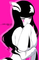 Rule 34 | 10s, 1girl, 2013, arrancar, artist name, bleach, blunt bangs, blush, character name, covering own mouth, cyan sung-sun, ebgr, expressionless, facial mark, long hair, pink background, simple background, sleeves past wrists, solo, spot color