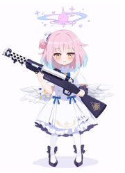 Rule 34 | 1girl, absurdres, angel wings, black footwear, blue archive, blush, capelet, closed mouth, dress, feathered wings, feza chen (ushaku), flower, full body, gun, hair bun, hair flower, hair ornament, halo, highres, holding, holding gun, holding weapon, medium hair, mika (blue archive), pantyhose, pink hair, pink halo, purple flower, revision, shoes, simple background, single side bun, solo, weapon, white background, white capelet, white dress, white pantyhose, white wings, wings, yellow eyes