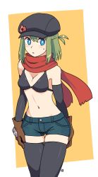 Rule 34 | 1girl, bare shoulders, bikini, bikini top only, black bikini, black hat, black sleeves, black thighhighs, blue eyes, blue shorts, blush, breasts, brown background, brown gloves, cabbie hat, cleavage, commentary request, detached sleeves, gloves, green hair, hair between eyes, hat, highres, long sleeves, medium breasts, muu (mumumer), navel, original, parted lips, red scarf, scarf, short shorts, shorts, solo, swimsuit, thigh gap, thighhighs, two-tone background, white background, yunomiya agari