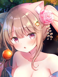 Rule 34 | 1girl, :o, aerial fireworks, animal ear fluff, animal ears, apple hair ornament, bad id, bad pixiv id, bare shoulders, blush, breasts, brown hair, candy apple, cat ears, cleavage, collarbone, commentary request, fang, fireworks, floral print, flower, food, food-themed hair ornament, hair between eyes, hair flower, hair ornament, hairclip, highres, holding, holding food, japanese clothes, kimono, long hair, looking at viewer, masayo (gin no ame), medium breasts, off shoulder, original, parted lips, pink flower, print kimono, red eyes, solo, twintails