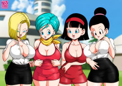 Rule 34 | 4girls, :o, absurdres, android 18, black eyes, black hair, blonde hair, blue eyes, blurry, blurry background, breasts, bulma, chi-chi (dragon ball), cleavage, cloud, day, dragon ball, dragonball z, dress, earrings, female focus, franfuentesart2, grass, green hair, groin, hair bun, hand on own chest, hand up, happy, high-waist skirt, highres, hoop earrings, jewelry, large breasts, legs, looking at viewer, medium hair, mature female, multiple girls, open mouth, outdoors, red dress, scarf, single hair bun, skirt, sky, smile, standing, stud earrings, thighs, unbuttoned, unbuttoned shirt, videl, yellow scarf