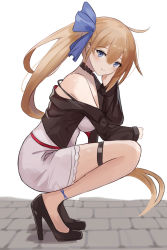 Rule 34 | 1girl, anklet, bare shoulders, battle rifle, black choker, blonde hair, blue bow, blue eyes, bow, bra strap, choker, fal (girls&#039; frontline), fn fal, frilled skirt, frills, girls&#039; frontline, gun, hair between eyes, hand on own face, high heels, highres, jewelry, long hair, looking at viewer, multico, off shoulder, ponytail, rifle, sidelocks, skirt, smile, solo, squatting, stone floor, thigh strap, weapon, white background