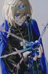 Rule 34 | black shirt, blonde hair, blood, blue blood, blue cape, blue eyes, blue liquid, byleth (fire emblem), byleth (male) (fire emblem), cape, closed mouth, dimitri alexandre blaiddyd, downcast eyes, empty eyes, fire emblem, fire emblem: three houses, garreg mach monastery uniform, gold trim, green hair, hair between eyes, hand up, headpiece, heart, holding, holding paintbrush, looking down, nintendo, paint, paintbrush, shirt, sitting, size difference, stab, sword, teardrop, tiara, urotozm, weapon