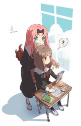 2girls, ?, absurdres, bangs, black bow, black dress, blue eyes, blue sky, blunt bangs, blush stickers, bow, brown eyes, brown hair, chair, chinese commentary, classroom, cloud, cloudy sky, collared dress, commentary request, dated, day, desk, dress, eyebrows visible through hair, from above, fujiwara chika, full body, grin, hair bow, hair over shoulder, highres, holding, holding mask, holding pencil, iino miko, kaguya-sama wa kokurasetai ~tensai-tachi no renai zunousen~, long hair, looking out window, low-tied long hair, low twintails, mask, mixed-language commentary, multiple girls, neck ribbon, notebook, pencil, pink hair, pran, red ribbon, ribbon, school desk, school uniform, shadow, shoes, shuuchiin academy uniform, signature, simple background, sitting, sky, smile, speech bubble, spoken question mark, tanziya (codlxcold), twintails, uwabaki, white background, window