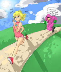 Rule 34 | 1boy, 1girl, adapted costume, bike shorts, black hair, blonde hair, blue eyes, boxing gloves, crossover, crown, drawfag, english text, exercising, field, grass, hood, hoodie, jogging, little mac, mario (series), mini crown, nintendo, outdoors, princess peach, punch-out!!, running, short shorts, shorts, super mario bros. 1, super smash bros., sweat, track suit