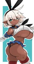 Rule 34 | 1girl, absurdres, arms out of frame, ass, breasts, cleavage, cosplay, dark-skinned female, dark skin, detached sleeves, elbow gloves, elf, expressionless, feet out of frame, gloves, green eyes, highres, kantai collection, kuudere gyaru elf (zana), large breasts, microskirt, mole, original, pointy ears, shimakaze (kancolle), shirt, short hair, skindentation, skirt, solo, striped clothes, striped thighhighs, sweat, thighhighs, thong, underboob, underwear, white shirt, zanamaoria