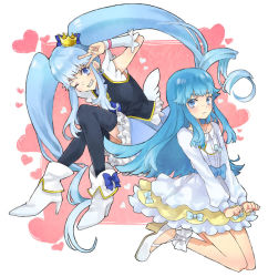 Rule 34 | 10s, 2girls, bad id, bad pixiv id, blue eyes, blue hair, blue skirt, crown, cure princess, dual persona, grin, happinesscharge precure!, heart, long hair, magical girl, masunosushi, mini crown, multiple girls, one eye closed, precure, shirayuki hime, skirt, smile, thighhighs, twintails, wink, wrist cuffs, zettai ryouiki