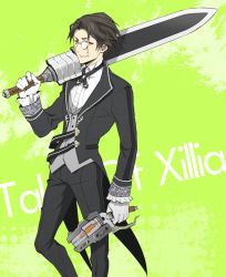 Rule 34 | 1boy, alvin (tales), bad id, bad pixiv id, black hair, brown eyes, copyright name, dual wielding, formal, gloves, green background, gun, holding, male focus, monocle, official alternate costume, over shoulder, pants, smile, solo, suit, sumeshi (ambivalince), sword, sword over shoulder, tales of (series), tales of xillia, weapon, weapon over shoulder, white gloves