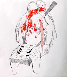 Rule 34 | 1girl, arms up, black nails, blank stare, blood, bloody knife, commentary request, fingernails, food, food on face, food on hair, greyscale, highres, holding, holding food, jar, kitchen knife, knife, knife in head, looking at viewer, monochrome, multicolored hair, nail polish, object on head, object through head, original, outo eguchi, outo eguchi&#039;s red highlight girl, paper (medium), pen (medium), photo (medium), red eyes, short hair, solo, spot color, streaked hair