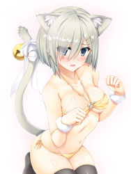 Rule 34 | 10s, 1girl, animal ears, bare shoulders, bell, bikini, black thighhighs, blue eyes, blush, breasts, cat ears, cat girl, cleavage, colored eyelashes, female focus, hair ornament, hair over one eye, hairclip, hamakaze (kancolle), highres, jingle bell, kantai collection, kemonomimi mode, large breasts, looking at viewer, moeki yuuta, open mouth, paw pose, ribbon, short hair, side-tie bikini bottom, silver hair, simple background, solo, swimsuit, tail, tail bell, tail ornament, tail ribbon, thighhighs, white background, yellow bikini, yujin-yujin