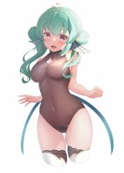 Rule 34 | 1girl, absurdres, arms behind back, asymmetrical hair, bare shoulders, blush, breasts, cleavage, cleavage cutout, clothing cutout, contrapposto, covered collarbone, covered erect nipples, covered navel, cowboy shot, double bun, finana ryugu, fins, fish girl, green hair, hair bun, head fins, head tilt, heattech leotard, highres, impossible clothes, impossible leotard, large breasts, lazulight, leotard, long hair, looking at viewer, monster girl, nijisanji, nijisanji en, open mouth, purple eyes, simple background, skindentation, sleeveless, smile, solo, thighhighs, tiara, turtleneck, virtual youtuber, white background, wide hips, zephryion