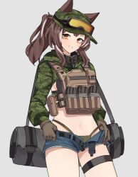 Rule 34 | 1girl, absurdres, animal ears, blue shorts, brown hair, camouflage, camouflage headwear, chest rig, commission, denim, denim shorts, digital camouflage, fox ears, fox girl, gar32, green headwear, green jacket, green panties, grey background, highres, jacket, looking at viewer, magazine (weapon), original, panties, presenting, shorts, smile, solo, underwear