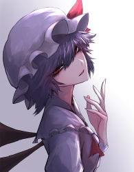 Rule 34 | 1girl, 33 gaff, ascot, bad proportions, bat wings, bow, breasts, commentary request, dress, frilled shirt collar, frills, from side, gradient background, grey background, hair between eyes, half-closed eyes, hand up, hat, hat bow, light smile, looking at viewer, mob cap, parted lips, purple hair, red ascot, red bow, red eyes, remilia scarlet, short hair, simple background, small breasts, solo, touhou, white dress, white hat, wings