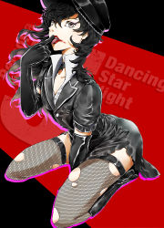 Rule 34 | 10s, 1boy, alternate costume, amamiya ren, black hair, crossdressing, elbow gloves, fishnet pantyhose, fishnets, gloves, highres, lipstick, long hair, makeup, male focus, pantyhose, persona, persona 5, persona 5: dancing star night, persona dancing, rubysp 720, smeared lipstick, solo, torn clothes, torn pantyhose, trap