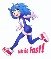 Rule 34 | 1girl, ass, batrobin k, blue hair, blue thighhighs, blush, breasts, fang, full body, genderswap, genderswap (mtf), green eyes, highres, long hair, looking at viewer, open mouth, personification, red footwear, shoes, simple background, small breasts, smile, sneakers, solo, sonic (series), sonic adventure, sonic the hedgehog, thighhighs, white background
