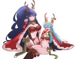 Rule 34 | 2girls, alternate costume, antlers, bell, black gloves, blue hair, blush, boots, bow, box, braid, breasts, bridal gauntlets, cape, christmas, christmas lights, cleavage, cosplay, covering own mouth, eirika (fire emblem), embarrassed, fake antlers, fire emblem, fire emblem: the sacred stones, fire emblem awakening, fire emblem heroes, fur trim, gloves, highres, horns, juneplums, knee boots, large breasts, long hair, looking at viewer, medium breasts, merry christmas, midriff, multiple girls, navel, nintendo, red cape, reindeer antlers, revealing clothes, santa costume, side braids, simple background, tana (fire emblem), tharja (fire emblem), tharja (fire emblem) (cosplay), tharja (winter) (fire emblem), thighhighs, twin braids, very long hair, white background