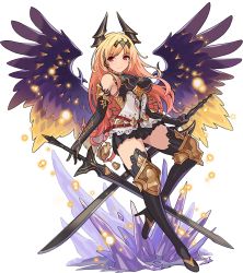 Rule 34 | 1girl, armor, artist request, bare shoulders, belt, black footwear, black gloves, black hairband, black shirt, black skirt, black thighhighs, blonde hair, blush, boots, breasts, closed mouth, crystal, dark angel olivia, dual wielding, elbow gloves, feathered wings, female focus, full body, gloves, gradient hair, granblue fantasy, hairband, highres, holding, holding sword, holding weapon, horns, knee pads, leg up, light blush, light particles, long hair, looking to the side, medium breasts, miniskirt, multicolored hair, non-web source, official art, orange hair, pleated skirt, purple wings, red eyes, shingeki no bahamut, shirt, sidelocks, skirt, sleeveless, sleeveless shirt, solo, standing, standing on one leg, sword, thigh boots, thighhighs, transparent background, two-tone hair, v-shaped eyebrows, very long hair, weapon, wings, world flipper, zettai ryouiki