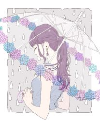 1girl absurdres blue_shirt closed_eyes earrings highres holding holding_umbrella jewelry keiko_(um7mr1) long_hair original pale_skin ponytail profile purple_hair shirt sidelocks solo transparent transparent_umbrella umbrella upper_body water_drop