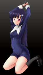 Rule 34 | 1girl, arms up, bdsm, blush, bondage, bound, breasts, cross, cross hair ornament, cross necklace, cuffs, hair ornament, highres, hinokuro, jewelry, kannagi, long hair, looking at viewer, necklace, nun, purple eyes, purple hair, small breasts, smile, solo, zange