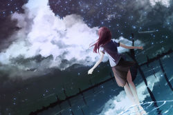 Rule 34 | 1girl, barefoot, black skirt, cloud, cloudy sky, commentary request, dutch angle, from behind, hyoketu001, lake, light particles, long hair, maroon hair, original, outdoors, reflection, ripples, scenery, shirt, short sleeves, skirt, sky, soaking feet, solo, standing, wading, white shirt