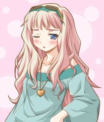 Rule 34 | 00s, 1girl, ;o, bare shoulders, blush, eyewear on head, heart, heart necklace, jewelry, looking at viewer, macross, macross frontier, necklace, off-shoulder, off-shoulder sweater, off shoulder, one eye closed, parted lips, pendant, pink background, sheryl nome, shiumai, simple background, siumai, solo, sunglasses, sweater, upper body