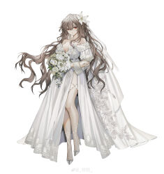 Rule 34 | 1girl, absurdres, bouquet, breasts, bridal veil, brown hair, chinese commentary, cleavage, closed mouth, collarbone, commentary request, dress, flower, full body, girls&#039; frontline, grey footwear, hair between eyes, hair flower, hair ornament, high heels, highres, holding, holding bouquet, long hair, looking at viewer, medium breasts, mole, mole under eye, off-shoulder dress, off shoulder, red eyes, simple background, solo, sp9 (drifting snow) (girls&#039; frontline), sp9 (girls&#039; frontline), standing, strapless, strapless dress, veil, very long hair, wedding dress, weibo watermark, white background, white dress, white flower, youamo
