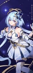 Rule 34 | 1girl, aged up, armpit crease, blue background, blue hair, blue headwear, blue theme, breasts, chinese commentary, cleavage cutout, clothing cutout, dress, earrings, gloves, griseo, griseo (cosmic expression), halo, highres, holding, honkai (series), honkai impact 3rd, jewelry, large breasts, light blue hair, long hair, looking at viewer, official art, official wallpaper, open hand, purple eyes, solo, star (sky), twintails, upper body, weapon, white dress, white gloves, white sleeves
