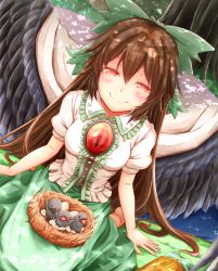 Rule 34 | 1girl, animal, arm cannon, bird, bird nest, black wings, bow, breasts, brown hair, cape, closed mouth, commentary request, dappled sunlight, dutch angle, feathered wings, fingernails, green bow, green skirt, hair between eyes, hair bow, half-closed eyes, in nest, long hair, looking at viewer, medium breasts, nest, outdoors, puffy short sleeves, puffy sleeves, red eyes, reiuji utsuho, shirt, short sleeves, sitting, skirt, smile, solo, star (symbol), sunlight, tamasan, third eye, touhou, tree, weapon, white shirt, wing collar, wings