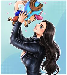 1boy 1girl age_difference antlers artist_name backpack bag blue_background blue_eyes border breasts brown_hair disembodied_hand extra_arms greciiagzz hana_hana_no_mi horns large_breasts leather_dress long_hair looking_at_another nico_robin nico_robin_(water_7) one_piece reindeer reindeer_antlers smile tony_tony_chopper white_border