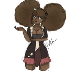 Rule 34 | 1girl, afro, afro puffs, arm under breasts, basilistic, bear hair ornament, black hairband, black headband, black headwear, black shirt, blush, breasts, brown hair, cleavage, closed mouth, collarbone, danganronpa (series), danganronpa another episode: ultra despair girls, dark-skinned female, dark skin, eyelashes, female focus, hair ornament, hairband, hand up, head tilt, headband, large breasts, long hair, looking at viewer, parted bangs, pleated skirt, red skirt, second generation enoshima junko, shirt, short sleeves, signature, simple background, skirt, smile, solo, twintails, white background