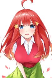Rule 34 | 1girl, absurdres, ahoge, blue eyes, blush, breasts, commentary request, go-toubun no hanayome, green skirt, hair ornament, highres, large breasts, leaning forward, long hair, looking at viewer, nakano itsuki, open mouth, red hair, red sweater, school uniform, shirt, skirt, smile, solo, star (symbol), star hair ornament, sweater, white shirt, yumemo